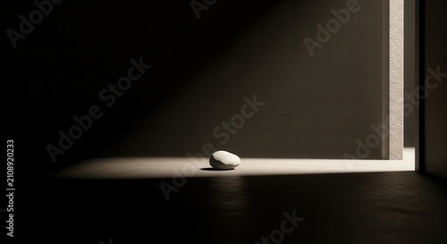 Single white stone illuminated by dramatic light beam entering dark room.