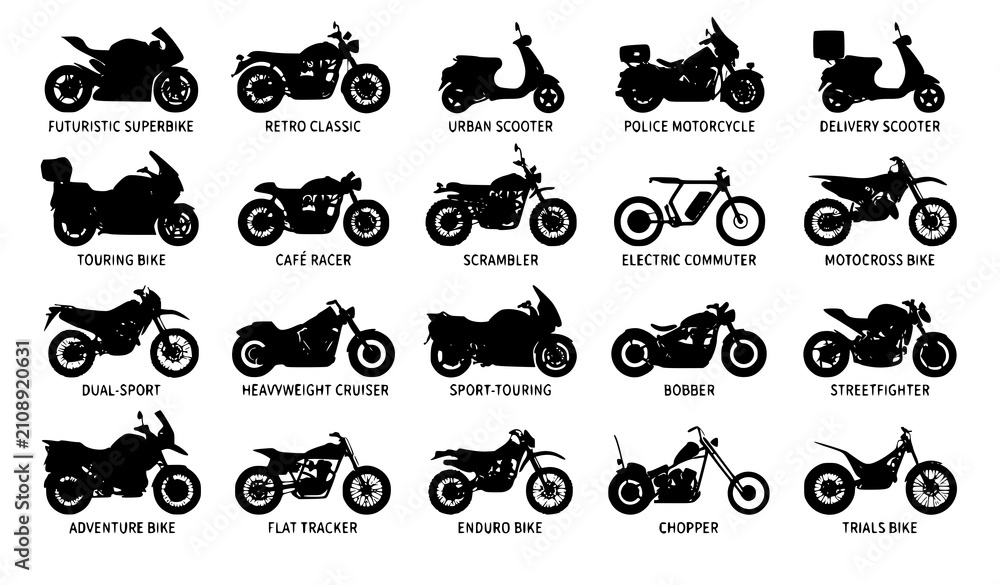 Fototapeta premium Motorcycle Silhouette Vector Set with Sport Bike Scooter Chopper Cruiser and Motocross Icons