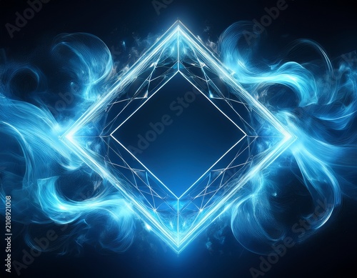 luminous blue smoke swirling around geometric diamond frame