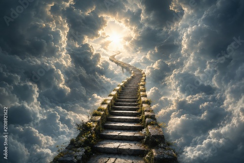 Ancient Stone Stairway Rising Through Dramatic Clouds Toward Heavenly Light