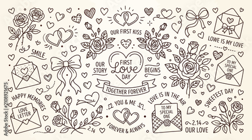 Foto Collection of Hand-Drawn Valentine's Day Doodles and Symbols for Romantic Celebrations
