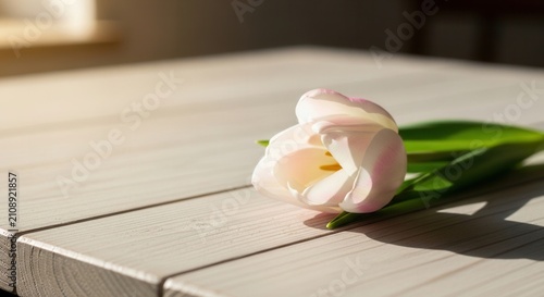 Single white tulip on wooden table.