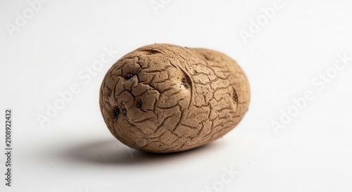 Single whole nutmeg spice with cracked texture on a white background.