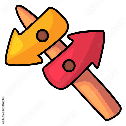 Colorful wooden directional signpost with yellow and red arrow pointers
