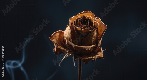 Single withered dried rose flower on a dark moody background.