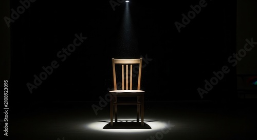 Single wooden chair illuminated by a spotlight in a dark room.