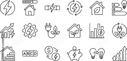 Energy Efficiency and Sustainable Power Line-Art Icon Set (18 Icons)
