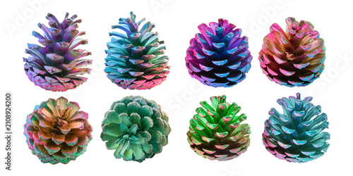 Vibrant Colored Pinecones Displaying Unique Textures and Patterns, holographic of Iridescent Kawaii 3D, Isolated on Transparent background
