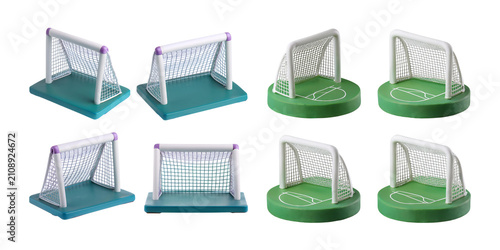 Miniature soccer and basketball goal toys for creative play, isolated on transparent background