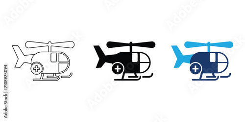 Three variations of a medical emergency helicopter icon in different design styles