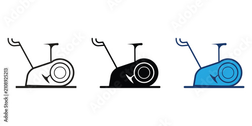 Three minimalist exercise bike icons displayed in line art solid and color