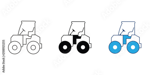 Three variations of a construction vehicle icon representing road roller machinery design