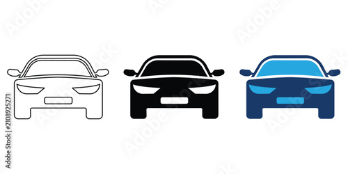 Three stylized front view car icons displayed in line solid and colored