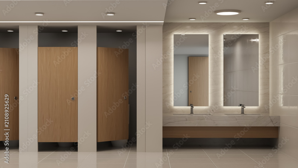 Naklejka premium Modern public bathroom with wooden cubicle doors and illuminated mirrors 3D rendering