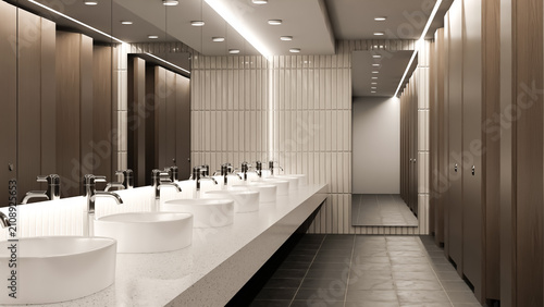 Modern commercial bathroom with vessel sink basins and wooden cubicles 3D rendering