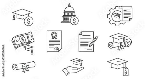 Education finance line icons set, student loan and scholarship vector elements, academic funding and tuition cost symbols for university budget