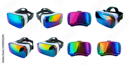 Colorful Virtual Reality Headsets Displayed from Multiple Angles, holographic of Iridescent Kawaii 3D, Isolated on Transparent background
