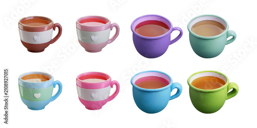 Colorful Ceramic Cups with Hot Beverage on White Background, isolated on transparent background