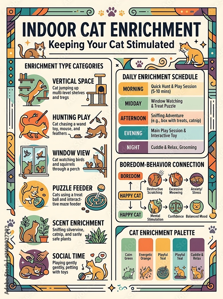 Naklejka premium Indoor cat enrichment infographic guide for feline stimulation