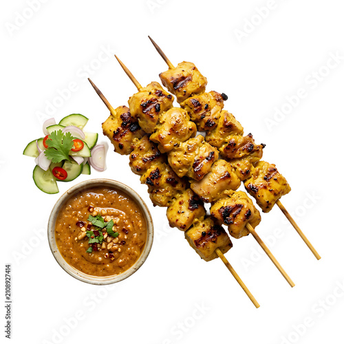 Traditional Grilled Chicken Satay Skewers with Peanut Sauce and Fresh Cucumber Garnish Isolated
