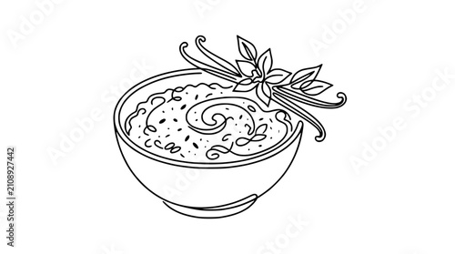 Hand-drawn illustration of vanilla pudding in a bowl with vanilla beans and leaves