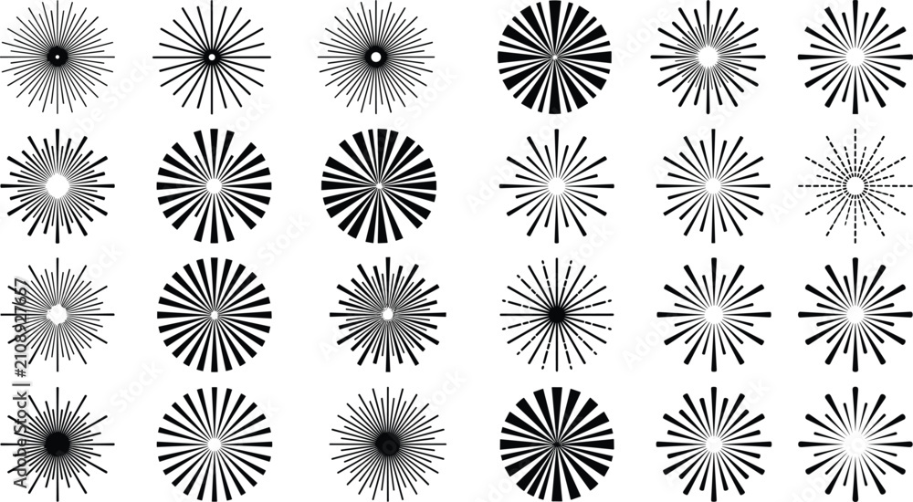 Obraz premium Vintage Sunburst and Starburst Icon Set with Circular Sunbeam Light Rays for Retro Branding Geometric Logo Badges Sparkle Highlights and Festive Celebration Backdrops