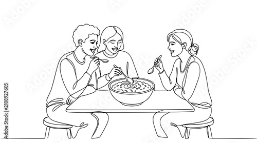 Three friends sharing a meal from a large bowl, enjoying food together, line art illustration