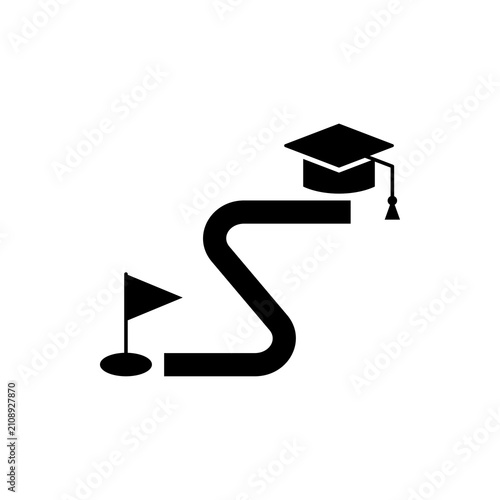 Education path glyph icon. Vector solid silhouette illustration of a winding route leading from a starting flag to a graduation cap mortarboard for learning roadmap and goal app web ui.