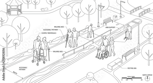 Isometric architectural line drawing of public park accessibility plan with elderly