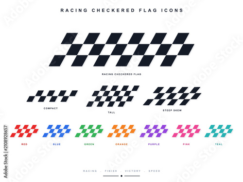 Set of racing checkered flag icons in various styles and colors