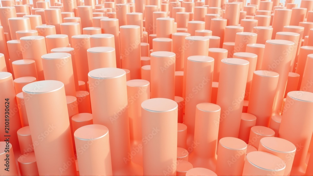 Fototapeta premium Abstract rendering shows numerous cylindrical forms varying height. Soft pink hues dominate composition, creating textured visual effect.