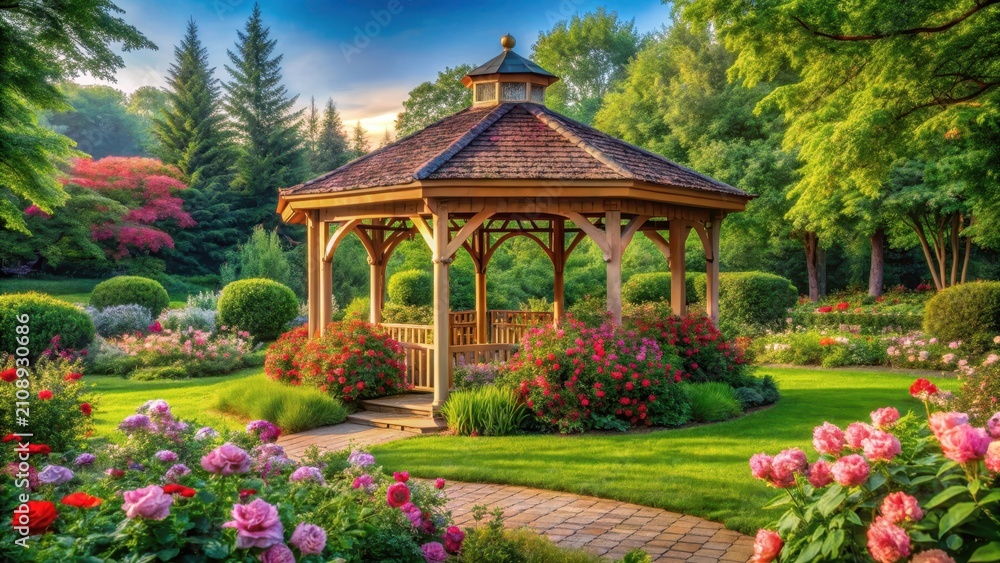 Obraz premium Under a canopy of lush greenery and vibrant flowers a majestic cedar gazebo stands serenely in a tranquil backyard garden amidst an expansive park sur