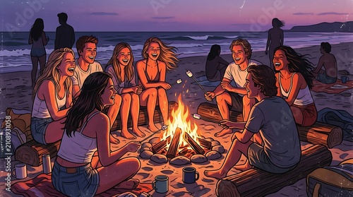 Friends laughing around a beach bonfire at night roasting marshmallows