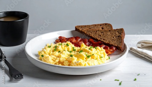 Delicious breakfast with scrambled eggs toast.