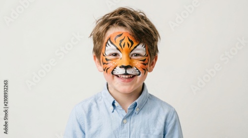 A young boy with brown hair smiles brightly while wearing elaborate tiger face paint against a plain white studio background