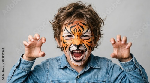 A young boy with tiger face painting makes a playful roaring expression while posing with his hands raised like claws