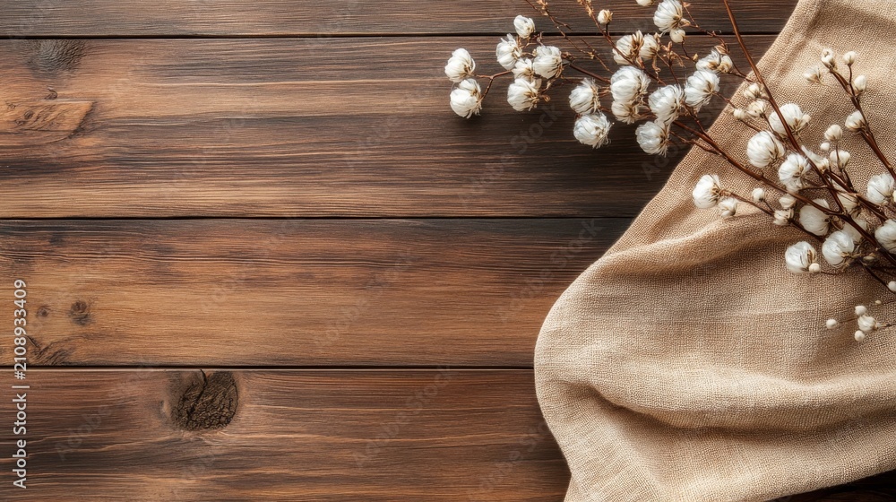 Obraz premium Rustic wood background with cloth and small white cotton flowers
