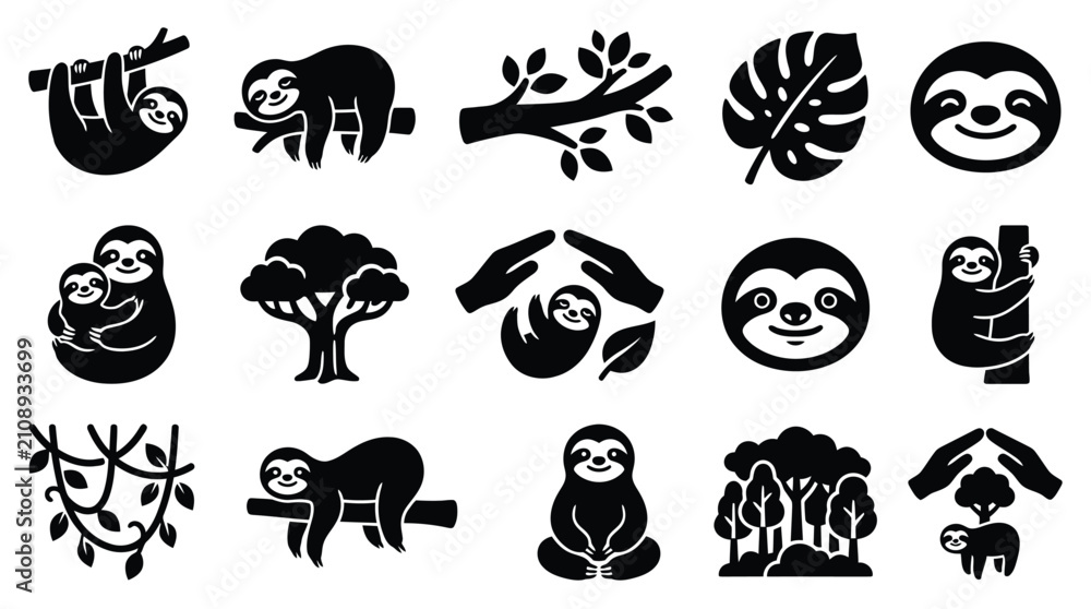 Fototapeta premium Collection of cute sloth icons and illustrations in various poses and activities, perfect for design elements.