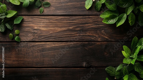 Rustic wood planks topped with vibrant green foliage; nature meets natural texture