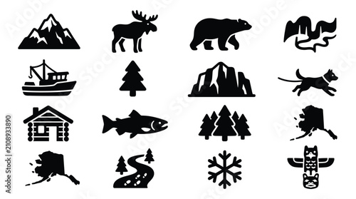Bild auf Leinwand Collection of Alaskan Icons and Symbols Representing Nature and Wildlife