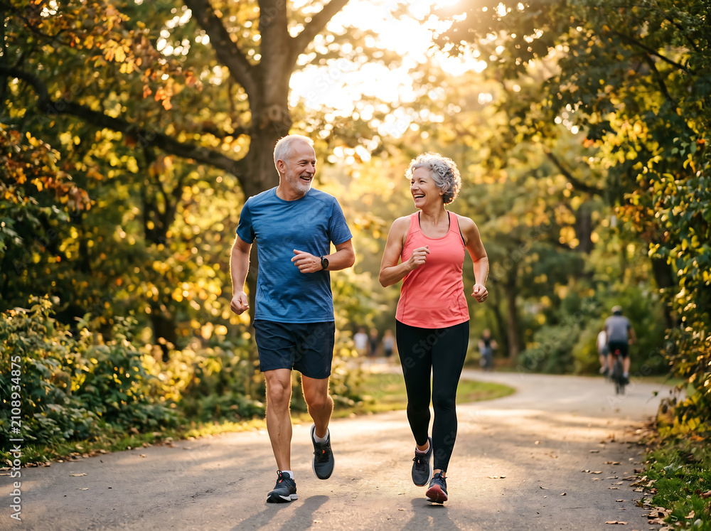 Fototapeta premium Active retirement lifestyle of happy mature couple running outdoors in nature park