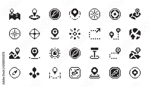 Fotografía Diverse pixelated navigation and location icons arrayed for digital interface and mapping applications