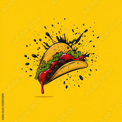 Colorful Taco Illustration with Creative Splash on Yellow Background