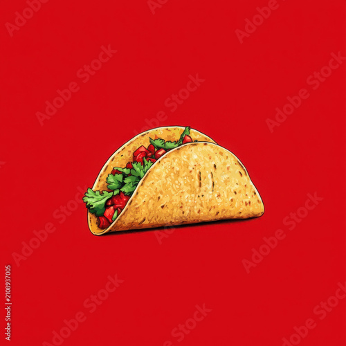 Colorful taco with fresh ingredients on vibrant red background
