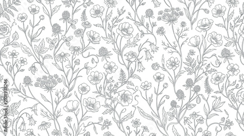 Delicate Floral Line Art Pattern on White Background