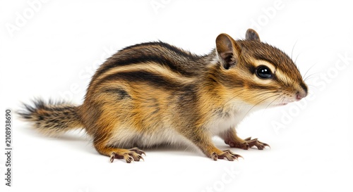Charming Chipmunk: A small chipmunk with striking stripes on its fur poses attentively, its beady eyes looking forward with curiosity.