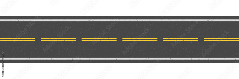 Fototapeta premium Realistic Grunge Road vector illustration, asphalt top view with yellow dashed and white lines