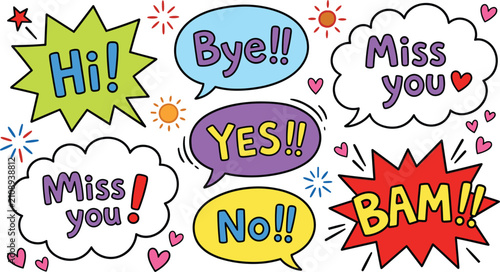 Konstfotografi Colorful comic speech bubble sticker collection with cartoon expression text clo