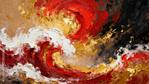 Oil painting of a climactic symphony of color, a grand swirling crescendo of cadmium red, gold ochre, and pure white impasto, layered so thickly it seems to move, against a backdrop