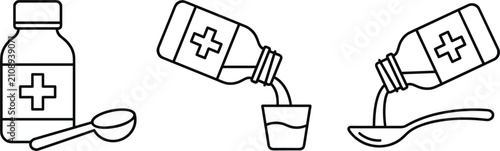 Bild auf Leinwand Cough syrup liquid medicine bottle line icon set vector illustration medical dosage collection design project